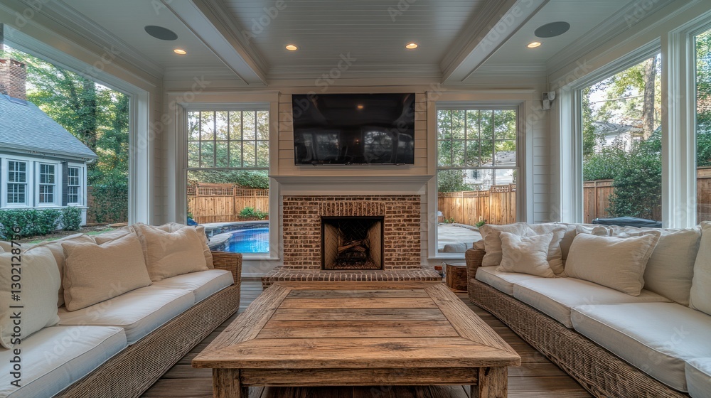 Fototapeta premium Sunroom Living Area with Fireplace and TV