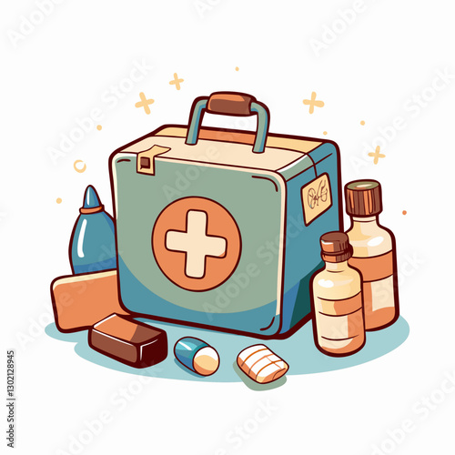 First aid kit with medicine bottles and supplies