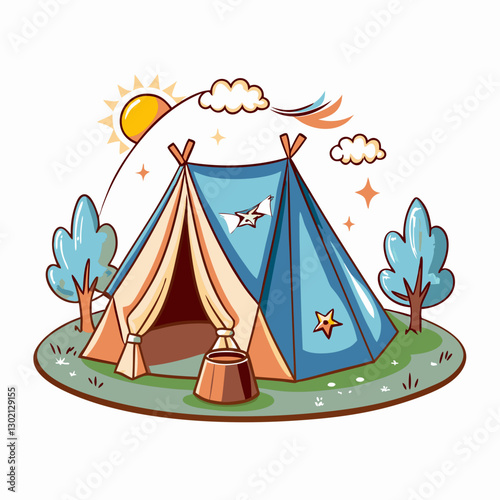 Colorful camping tent in a sunny outdoor setting