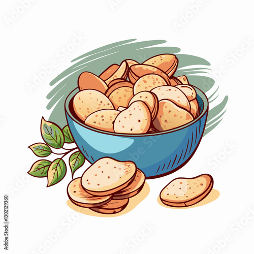 Bowl of snacks with crispy chips and green leaves