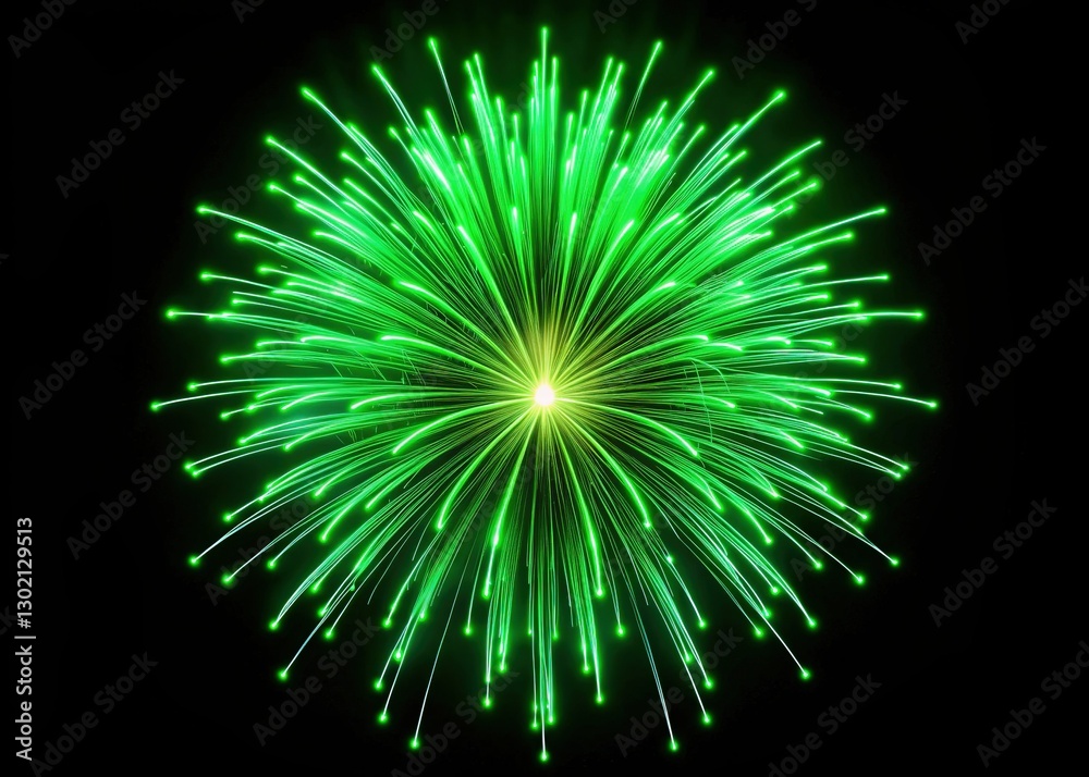 Fototapeta premium Green Neon Fireworks Exploding on Black Background - Abstract Stock Photo