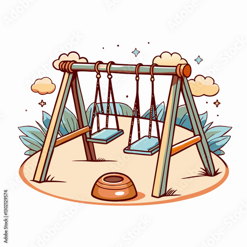 Playground swings under a blue sky