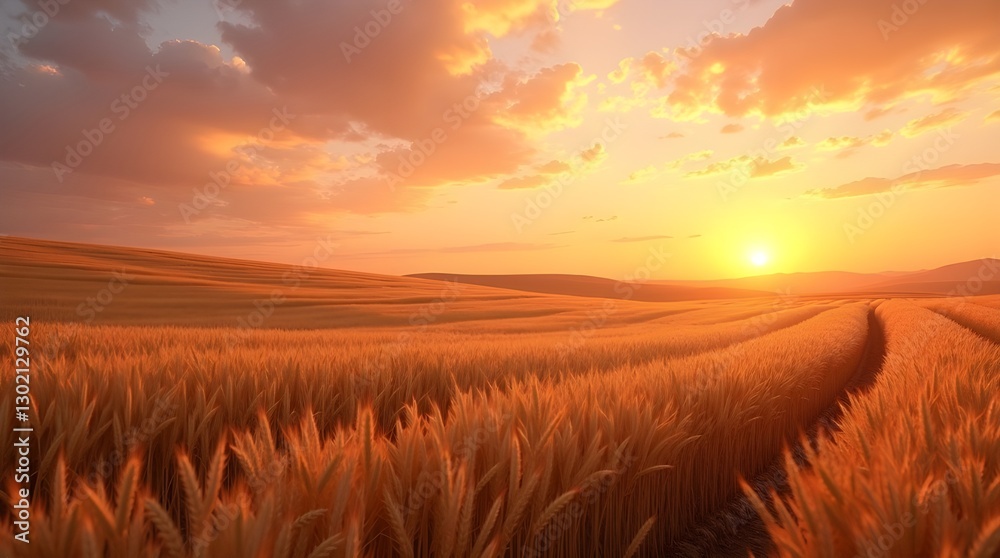 Fototapeta premium A golden wheat field stretching endlessly under a dramatic sunset sky, with soft clouds casting shadows over the gently swaying crops