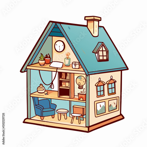 Illustrated dollhouse with furniture and decor