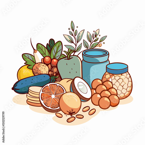Colorful assortment of fruits, vegetables, and jars on a table