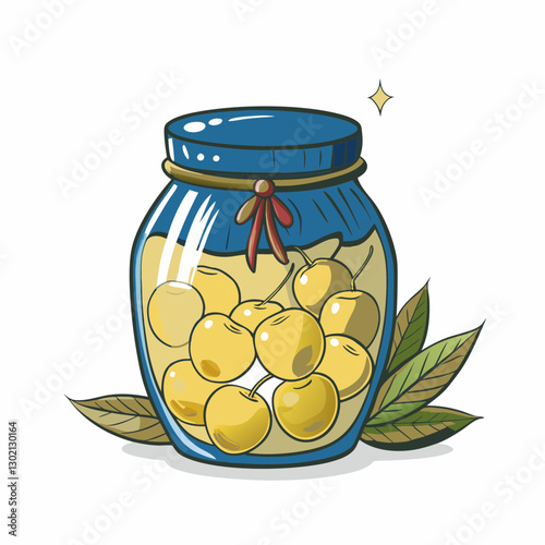 Jar of yellow pickled cherries with leaves