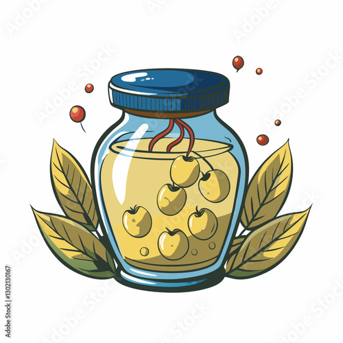 Jar of pickled yellow cherries with leaves