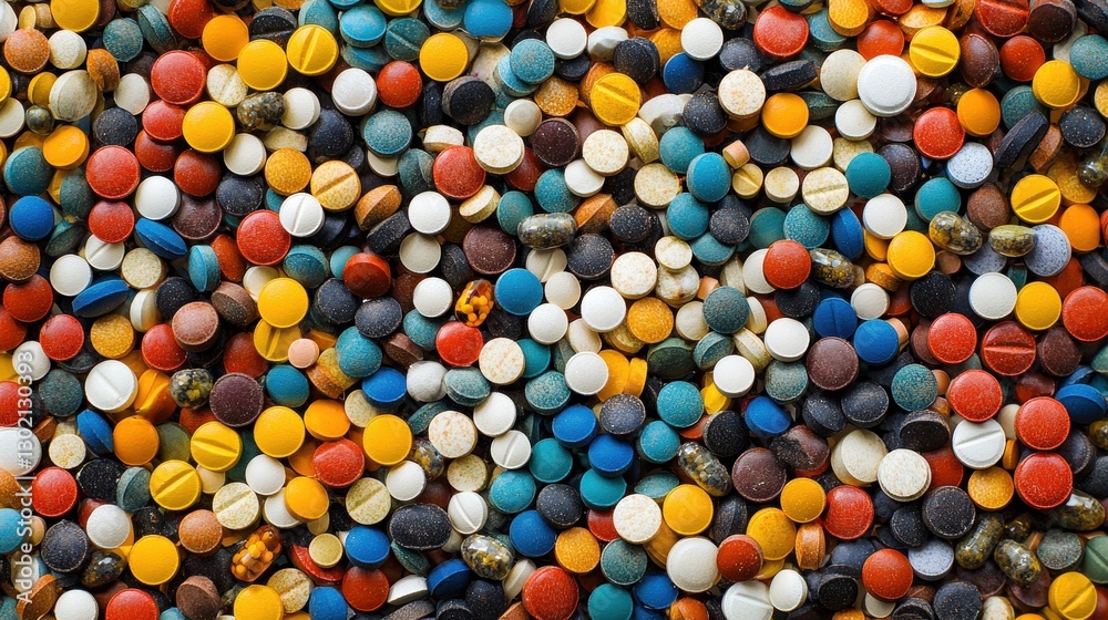 Pile of colorful pills of various shapes and sizes Pile of colorful pills of various shapes and sizes