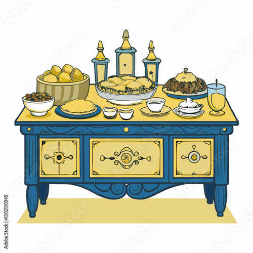 Illustration of a colorful table set with assorted dishes