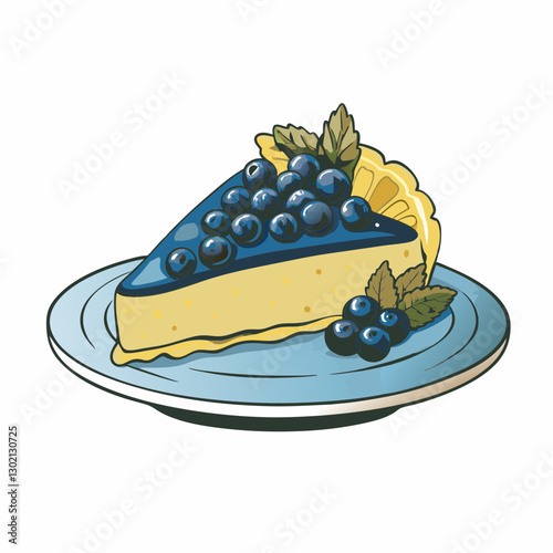 Blueberry cheesecake on a blue plate with mint garnish