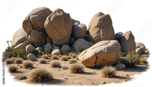 A collection of enormous boulders in an arid desert setting, carved out