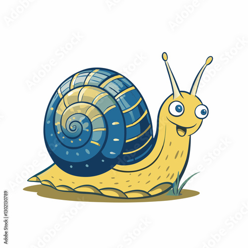 Happy cartoon snail crawling on grass