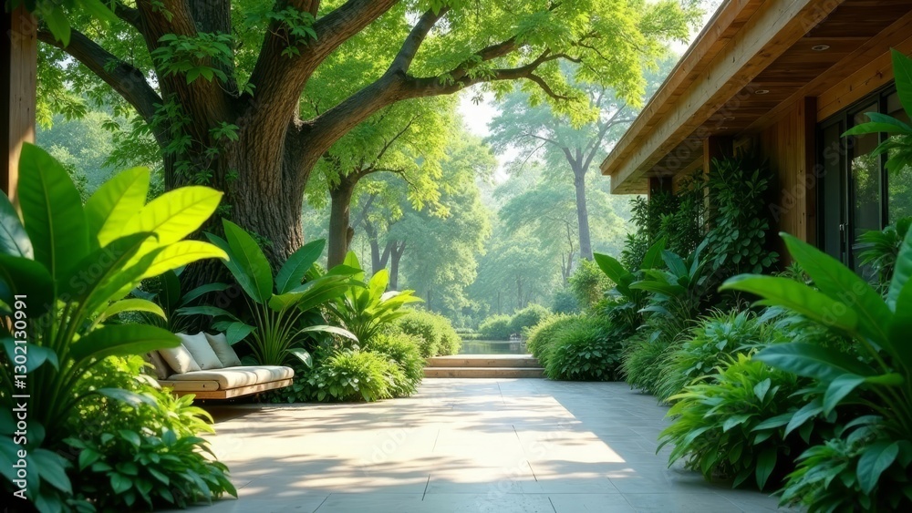 Fototapeta premium Serene Landscape Design Featuring Lush Greenery and Modern Architecture with a Tranquil Patio Area