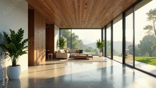 Serene Modern Living Room with Expansive Views and Natural Light Illuminating Polished Concrete Floors