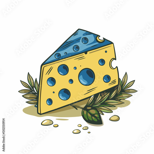 Cartoon cheese wedge with blue mold on leafy background