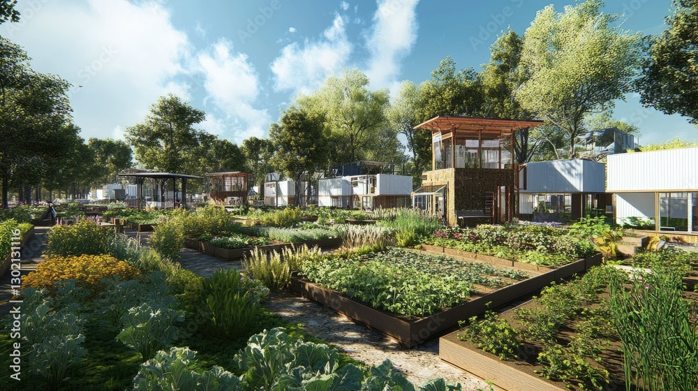 Fototapeta premium Sustainable Community Garden: Eco-Friendly Housing and Urban Farming