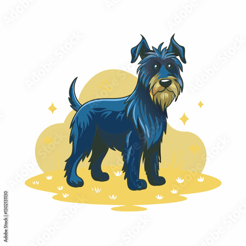 Stylized dog illustration standing on yellow background