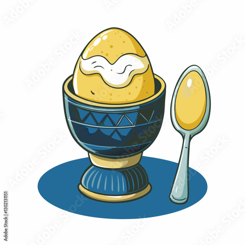 Illustration of a smiling egg in a blue egg cup with a spoon