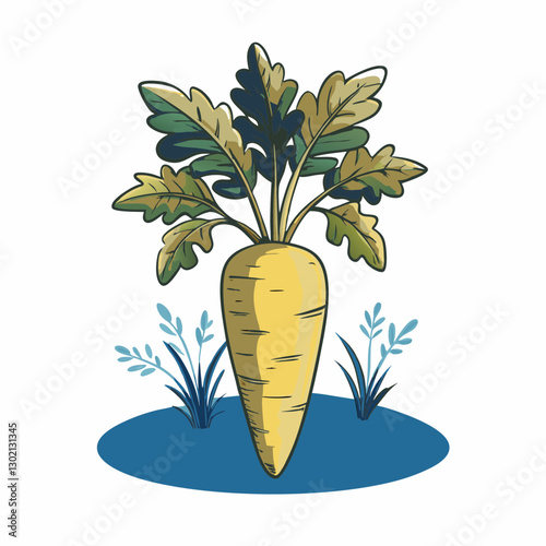Illustration of a yellow root vegetable with green leaves
