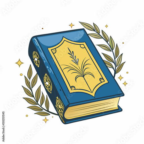 Illustrated book with gold accents and decorative leaves