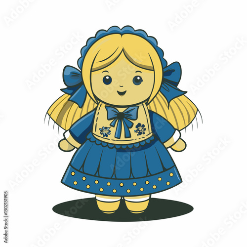 Cartoon doll with blonde hair wearing a blue dress