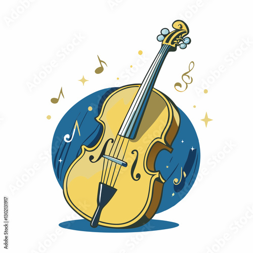 Violin illustration with musical notes on a blue background