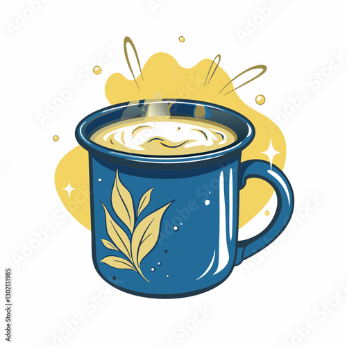 Blue cup with cream against yellow abstract background