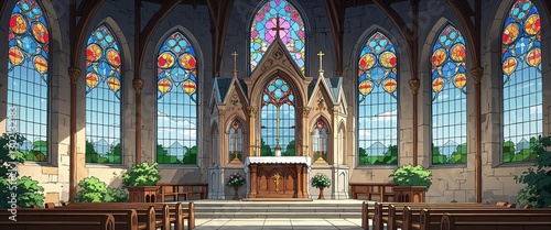 Castle chapel with stained glass windows background anime retro cartoon concept illustration