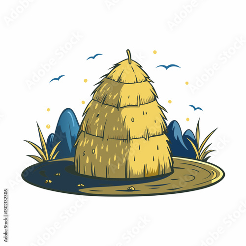 Illustration of a haystack surrounded by mountains and grass