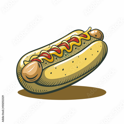 Hot dog with mustard and relish in a playful style