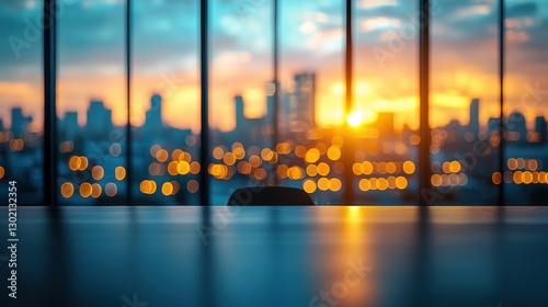 City skyline with a sun setting in the background