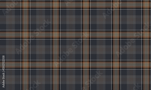 Seamless plaid pattern, dark grey and brown, with black and white lines in a square grid. This pattern is classic and perfect for clothing and textile design.