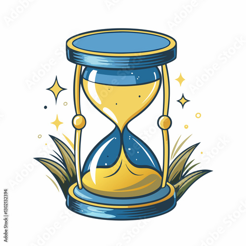 Hourglass illustration with golden sand and green grass