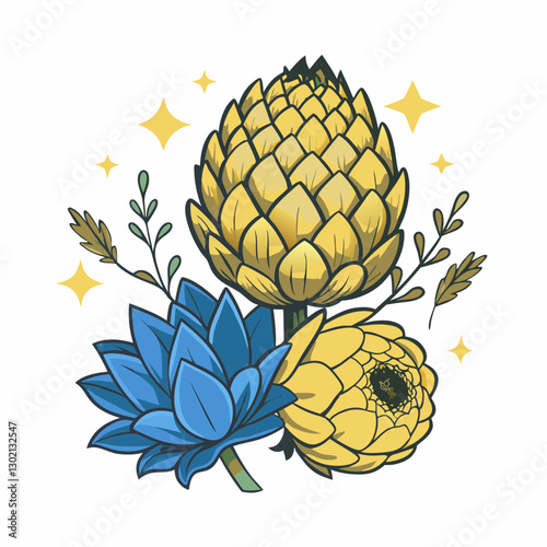 Artichoke and lotus flowers with sparkling accents