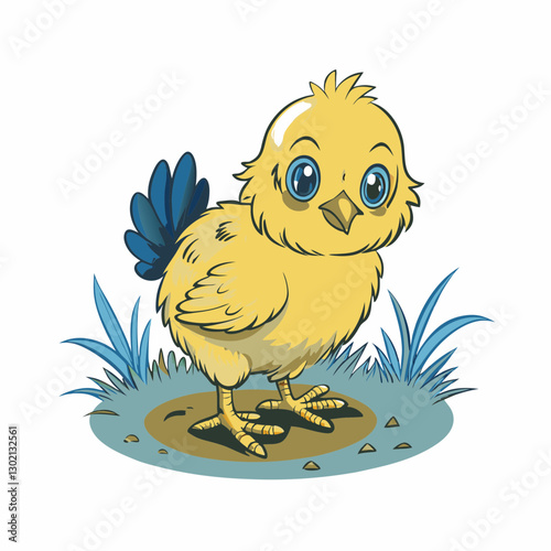 Cartoon yellow chick standing on grass