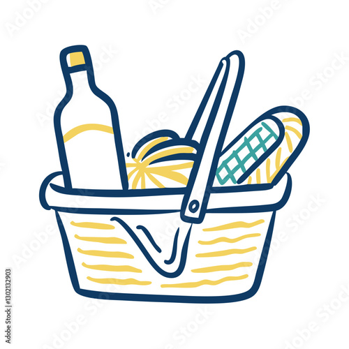 Picnic basket with food and drink items