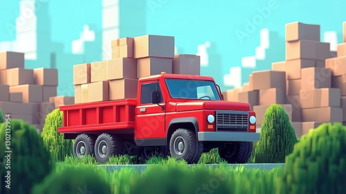 Red truck is driving down a road with a lot of boxes behind it