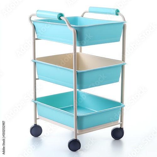 Three-tier rolling cart with turquoise bins and white metallic frame, isolated on white background. photo