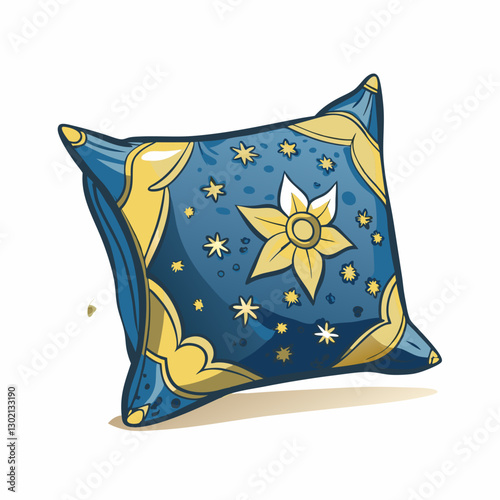 A square pillow with star patterns and golden trim, symbolizing comfort, decorative home elements, bedtime aesthetics, and dreamy interior style
