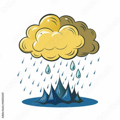 Illustration of rain cloud with raindrops over mountainous terrain