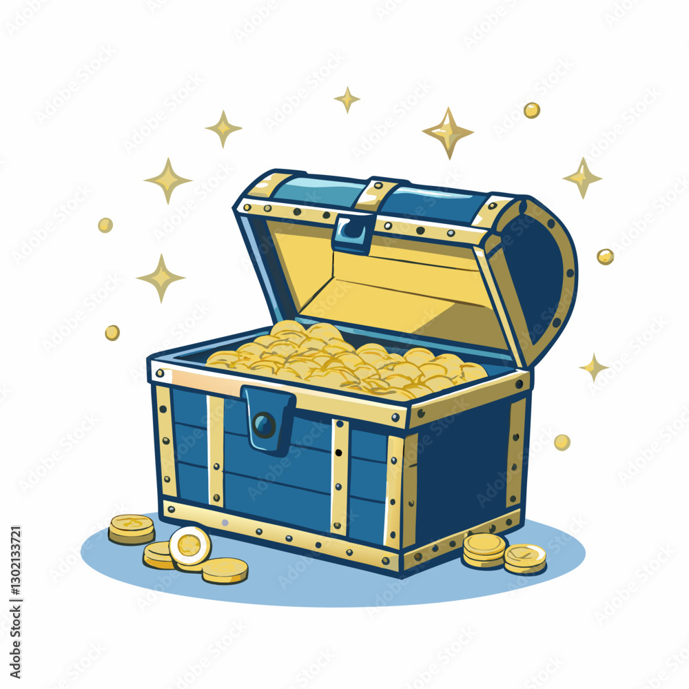 Treasure chest overflowing with gold coins on a sparkling background Treasure chest overflowing with gold coins on a sparkling background