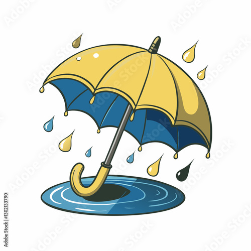 Yellow umbrella with raindrops over a puddle