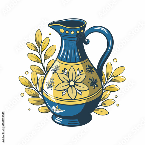 Blue decorative pitcher with floral design and yellow leaves
