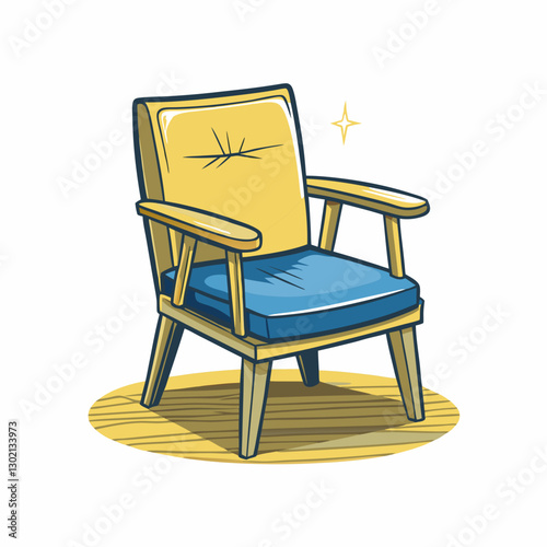 Stylish armchair with blue and yellow cushions on wooden floor