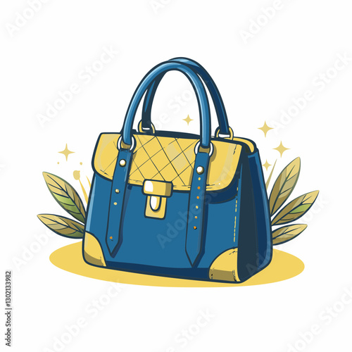 Stylish handbag with yellow accents and leafy background
