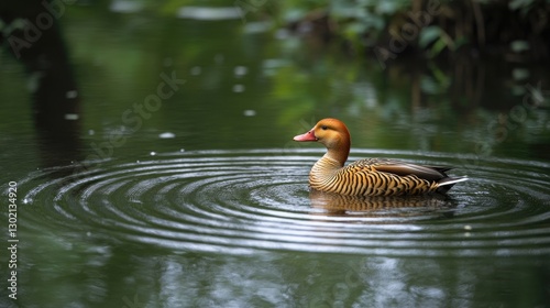 Female mandarin duck swims pond, lush green background, nature wildlife photo