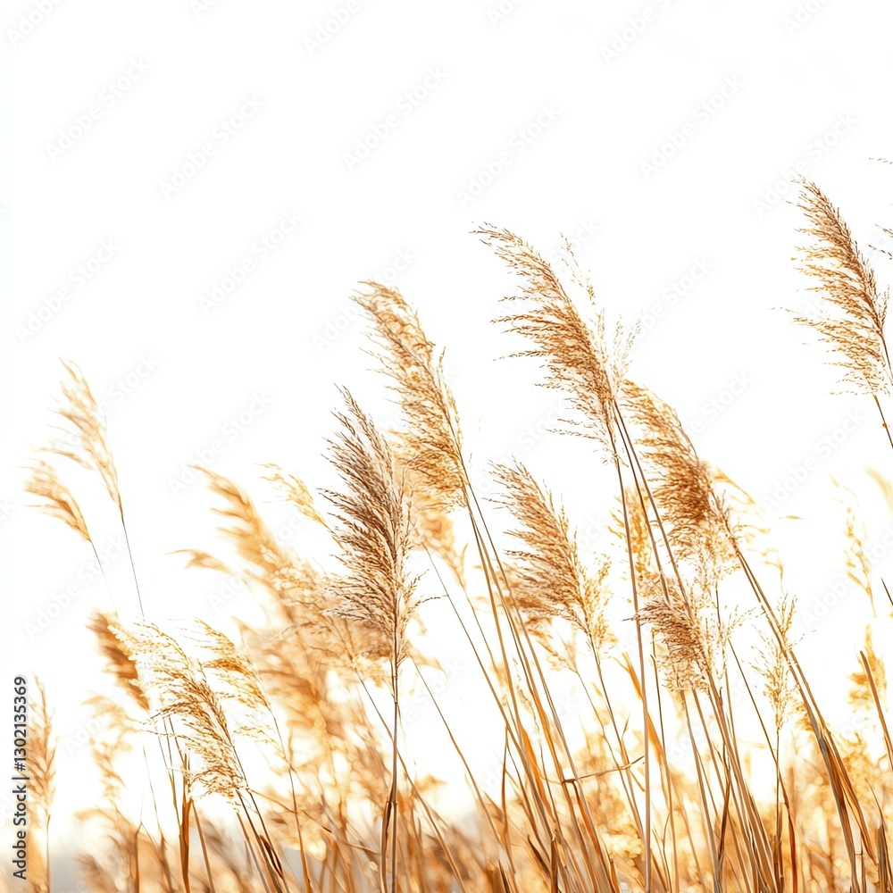 Tall golden grasses swaying gently in the breeze against a bright white background. Tall golden grasses swaying gently in the breeze against a bright white background.