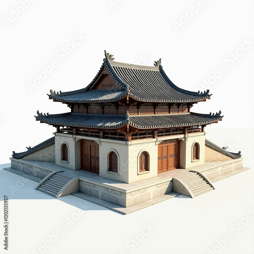 Asian Pagoda with Grey Tile Roof and Transparent Background