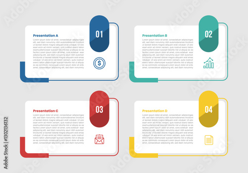 4 stage infographic diagram with round box container with round badge on top with 4 step for slide presentation
