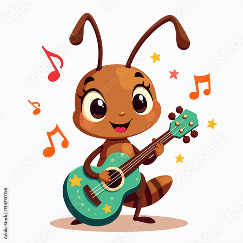 Cartoon Ant Playing a Turquoise Guitar with Musical Notes and Stars, transparent background